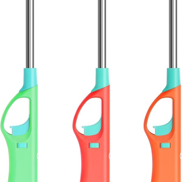 Refillable Butane Lighters, Larger BBQ Grill  Long Stem Lighter Adjustable Soft Flame Multipurpose Lighters (No Butane Fuel Inside) - Pack of 3