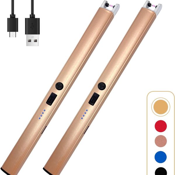 2 PCS Candle Lighter,Windproof Flameless Electric Lighter with LED Power Display ＆ Safety Switch, Upgraded Plasma USB Rechargeable Lighters for Birthday Camping BBQ (Champagne Gold)