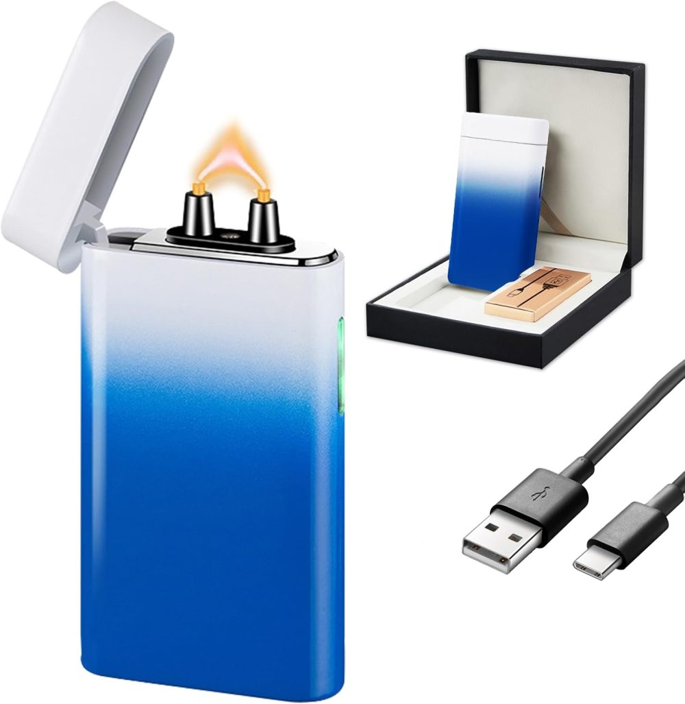 Windproof Electric Lighter Rechargeable – Plasma Arc Design, USB Charging, Multi-Mode Flashlight & Digital Battery Indicator, Essential for Survival, Hiking & BBQ（Blue and White）