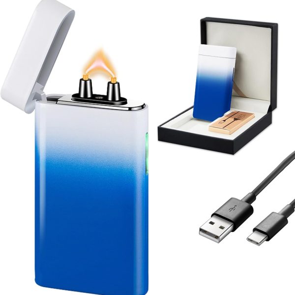 Windproof Electric Lighter Rechargeable – Plasma Arc Design, USB Charging, Multi-Mode Flashlight & Digital Battery Indicator, Essential for Survival, Hiking & BBQ（Blue and White）