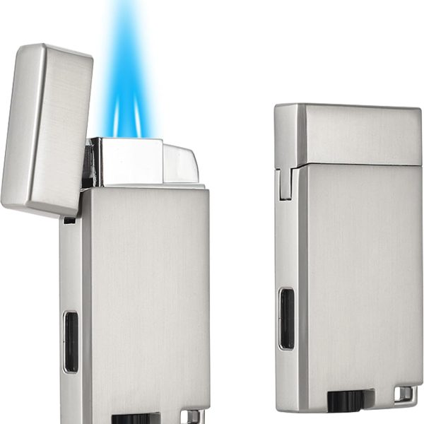 Refillable Butane Torch Lighter with Keyhole and Visible Window, 2 Pack Adjustable Pocket Lighter and Perfect for Men, 1-Year Warranty, Great Gift Idea! Without Gas(Brushed Silver)