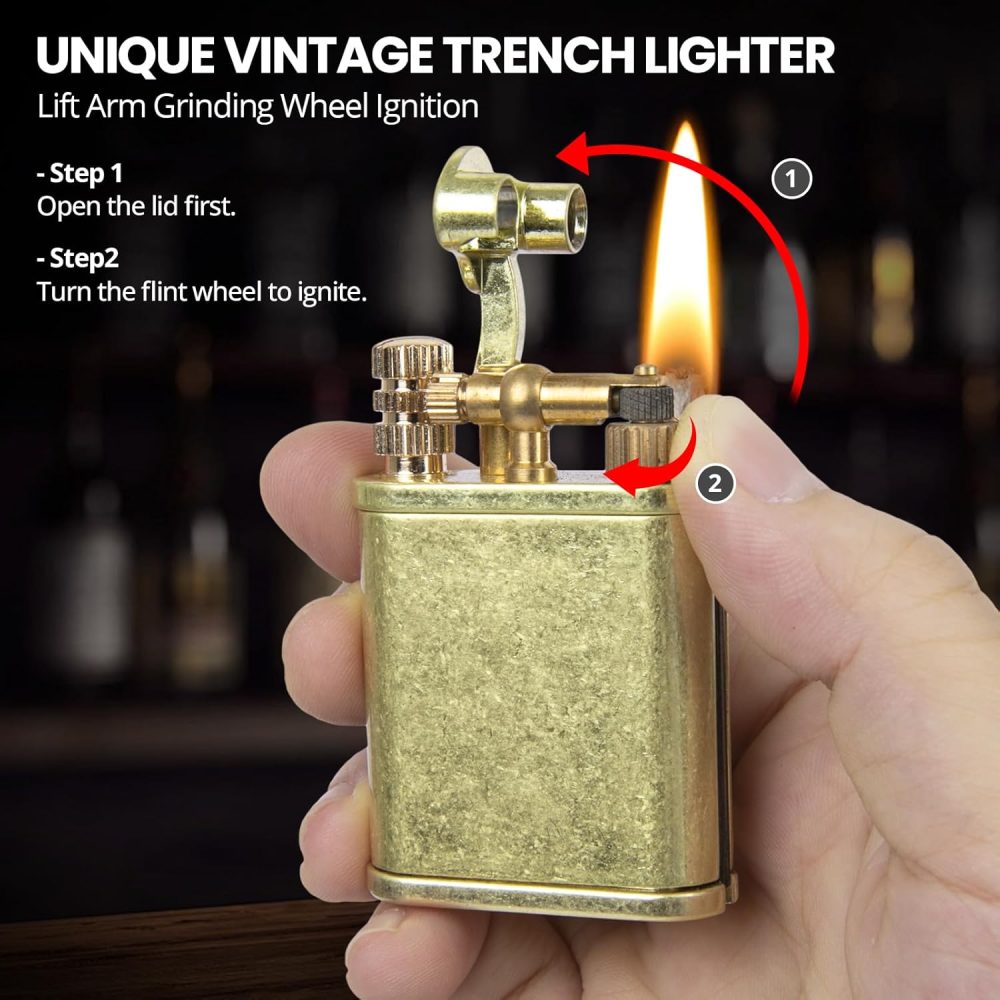 Vintage Trench Lighter, Permanent Match, Cool Pipe Lighter, Unique Brass Lighters, Antique Kerosene Lighters Fluid Refillable, Reusable Waterproof Forever Matches, Classic Gift for Men - Image 2