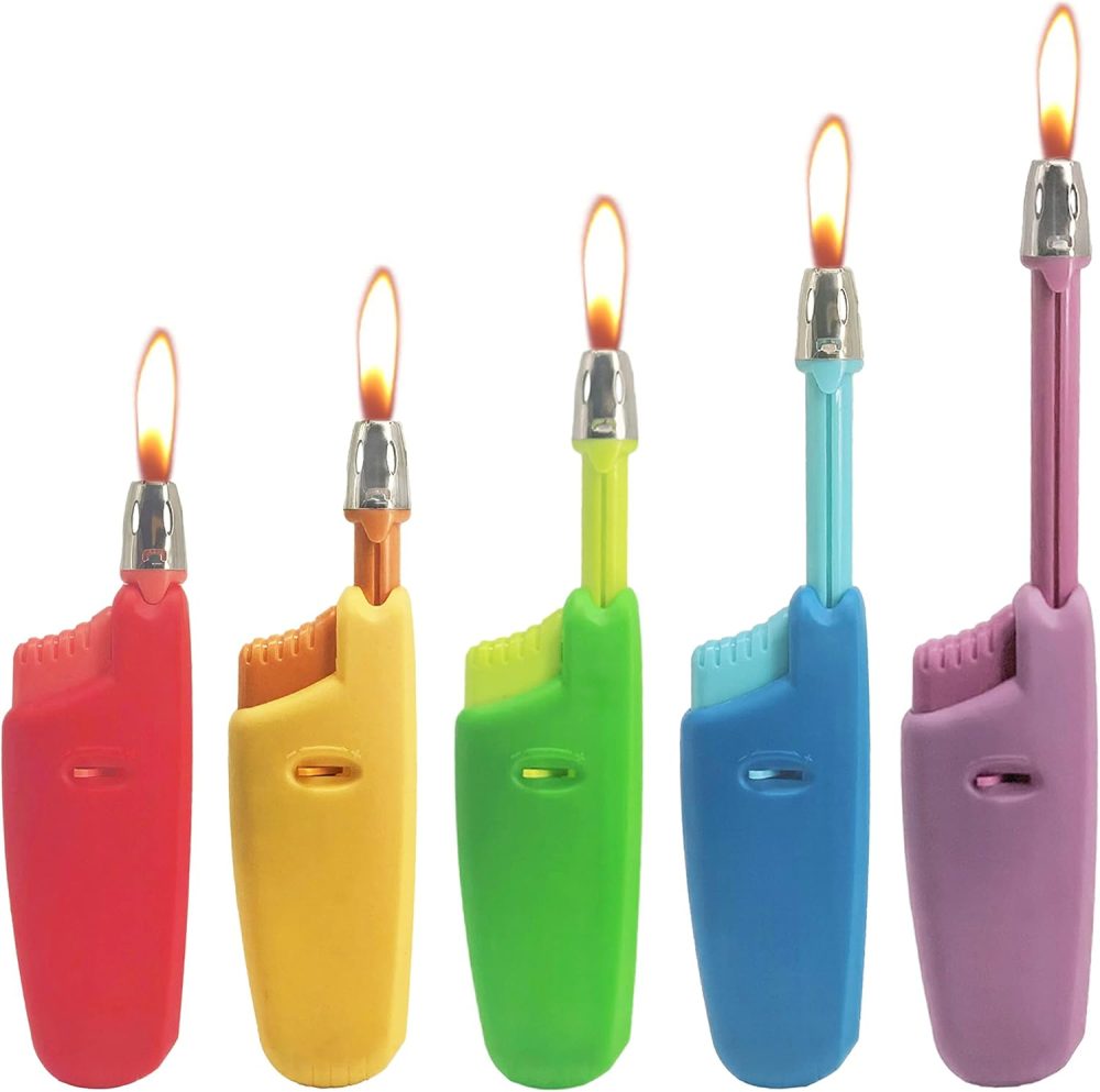 Candle Lighter Long Neck Adjustable Lighters Butane Gas Refillable Plastic Lighter Kitchen Igniter (5 Pack) (Butane Included)