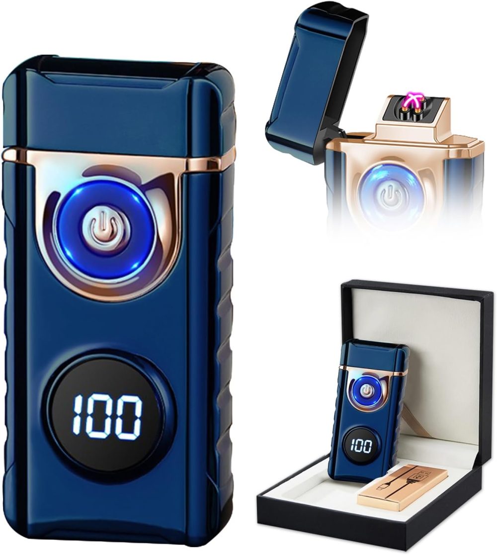 Plasma Lighter Rechargeable Electric Lighter for Candle Arc Type C Electronic Torch Lighter Windproof Portable Metal Lighter with LED Power Display for Camping, Hiking, BBQ (Blue), 0.1