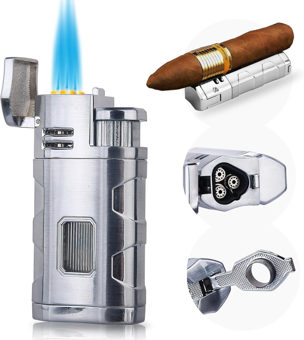 Torch Lighter Triple Jet Flame Refillable Butane Lighter Windproof Lighter- Butane Not Included (Chrome)