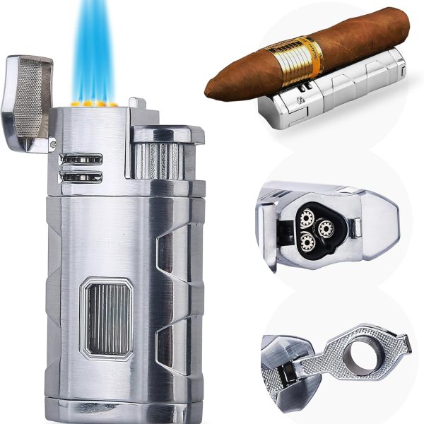 Torch Lighter Triple Jet Flame Refillable Butane Lighter Windproof Lighter- Butane Not Included (Chrome)