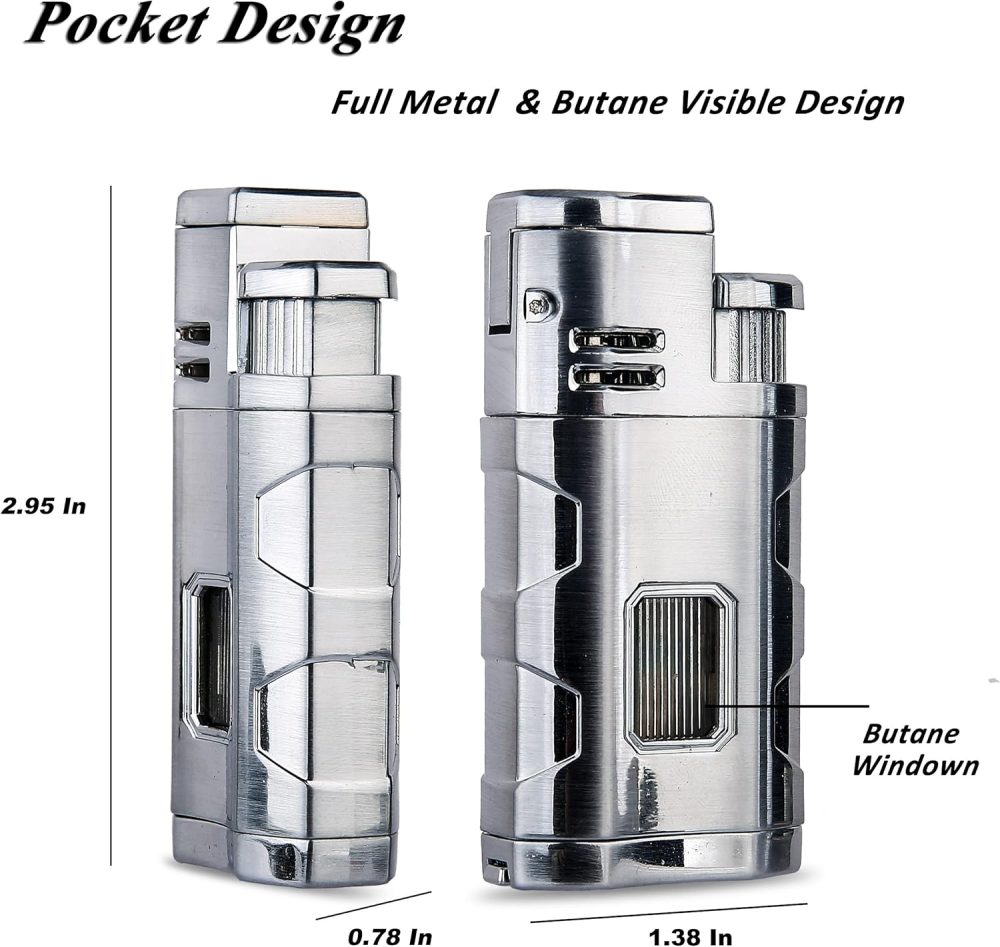 Torch Lighter Triple Jet Flame Refillable Butane Lighter Windproof Lighter- Butane Not Included (Chrome) - Image 2